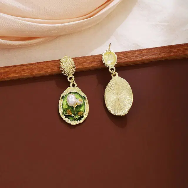 澜耀 绿绮画框 油画风法式 轻奢绿色耳饰 铜合金 耳环 女款