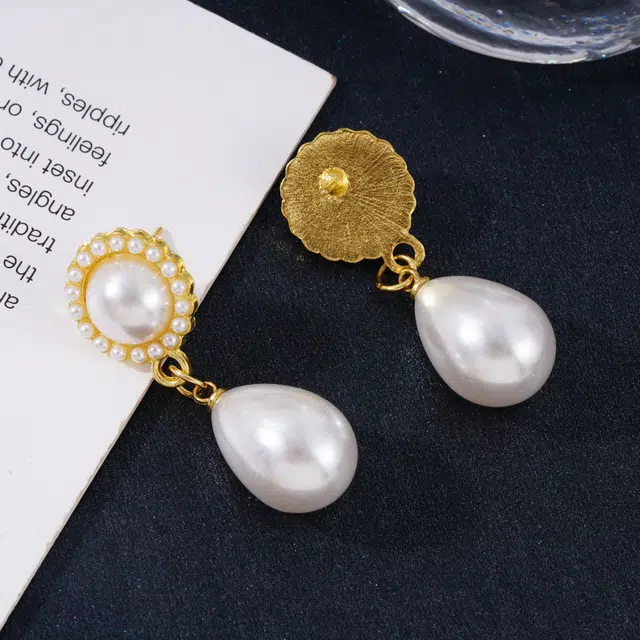 澜耀 鎏金 复古宫廷风水滴 轻奢优雅百搭 铜合金 仿珍珠 耳环 女款