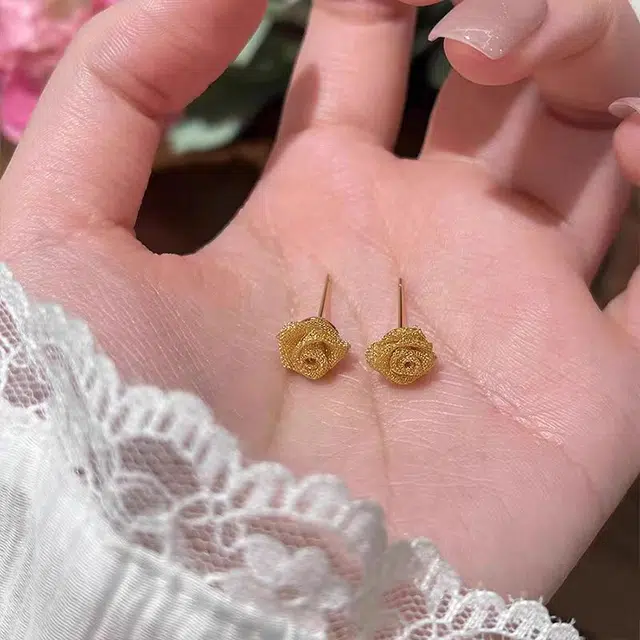 澜耀 金缕山茶蜜 编织山茶花 小巧精致百搭耳饰 铜合金 耳钉 女款