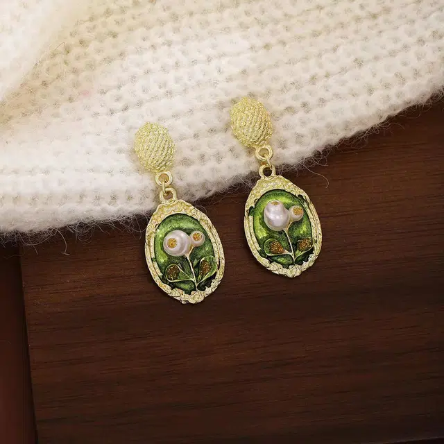 澜耀 绿绮画框 油画风法式 轻奢绿色耳饰 铜合金 耳环 女款