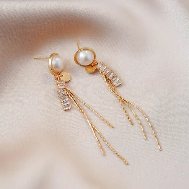 澜耀 气质长款流苏珠珠 轻奢时尚百搭复古优雅精致耳饰 合金 耳环 女款