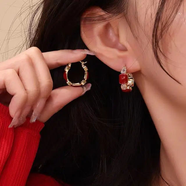 澜耀 气质红色耳圈 新中式国风小众设计轻奢时尚耳饰 合金 耳环 女款