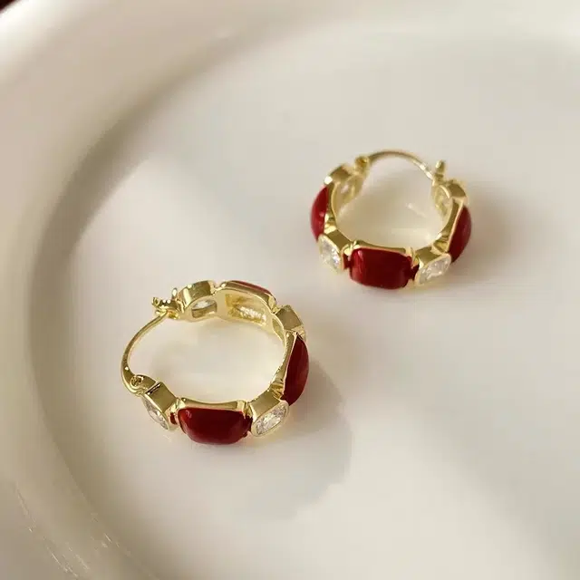 澜耀 气质红色耳圈 新中式国风小众设计轻奢时尚耳饰 合金 耳环 女款