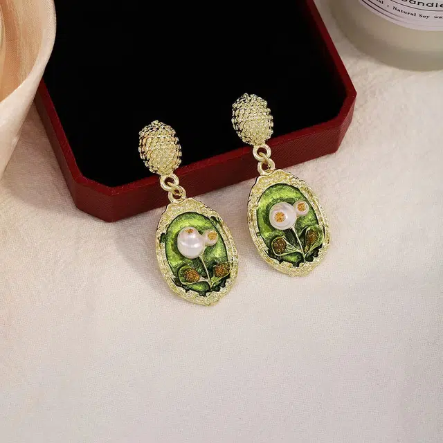 澜耀 绿绮画框 油画风法式 轻奢绿色耳饰 铜合金 耳环 女款