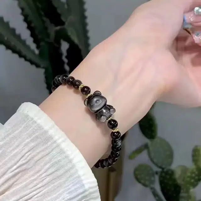 唐述 可爱小熊手饰上岸好运小众简约时尚百搭平安顺遂 黑曜石 手串 男女同款情侣款