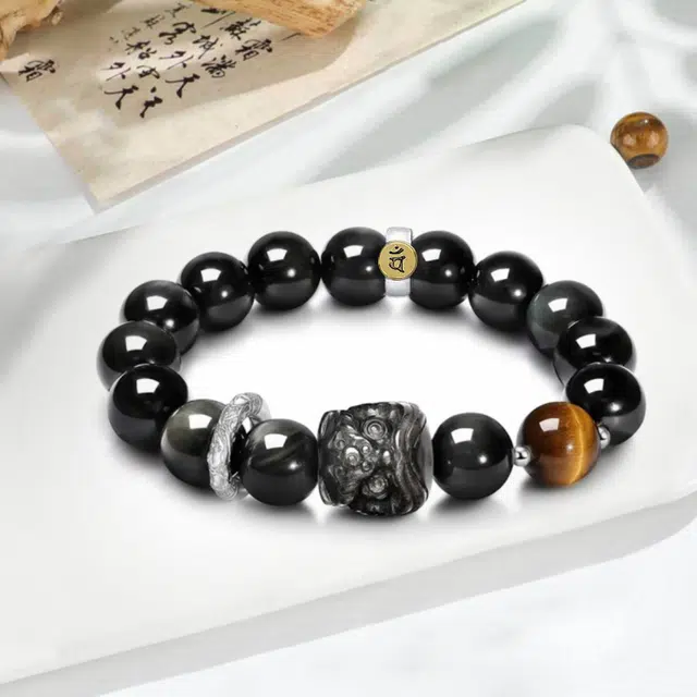 唐述 【八方来财】新中式平安转运转运佛珠文玩盘串小众轻奢经典百搭本命年祥云醒狮本命佛好运 黑曜石 手串 男女同款情侣款