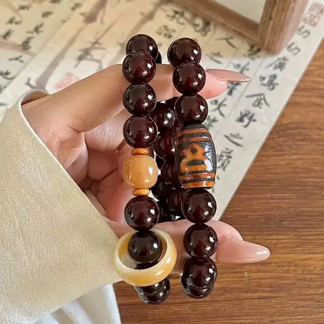 唐述 民族复古双圈叠戴转运文玩盘串佛珠 财神天珠招财纳福 好运 菩提根 手串 男女同款情侣款
