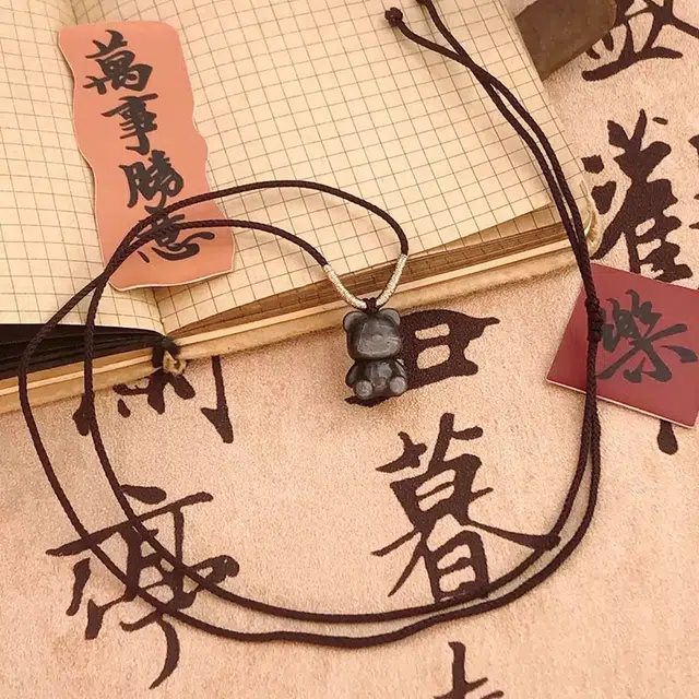 唐述 小熊守护熊掌招财新中式小众国潮复古百搭简约转运编织绳学生考试上岸好运 黑曜石 项链 男女同款情侣款