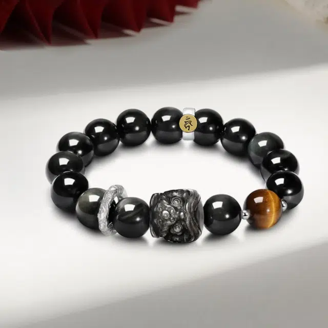 唐述 【八方来财】新中式平安转运转运佛珠文玩盘串小众轻奢经典百搭本命年祥云醒狮本命佛好运 黑曜石 手串 男女同款情侣款