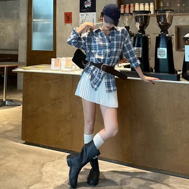 小菊川栗 学院风时尚复古格子宽松长袖上衣高腰百褶裙裙装套装 女款