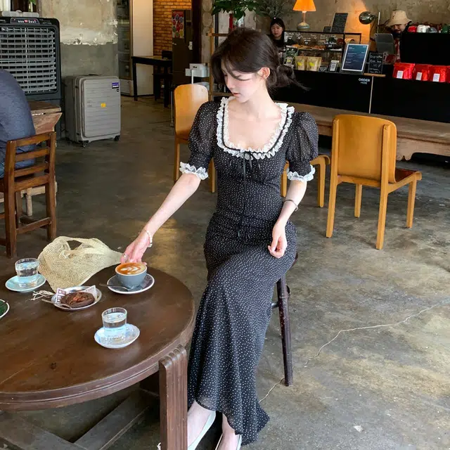 小菊川栗 韩系白塔玫瑰大波点花边别致穿搭舒适百搭短袖连衣裙 女款