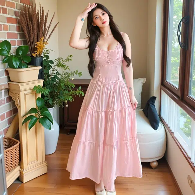 小菊川栗 学院风时尚休闲潮流温柔风法式长裙小众设计海边度假吊带连衣裙 女款 粉红色