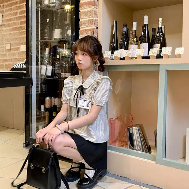 小菊川栗 韩版学院风洋气甜美百搭短袖娃娃领荷叶边蝴蝶结条纹衬衫上衣裙装套装 女款