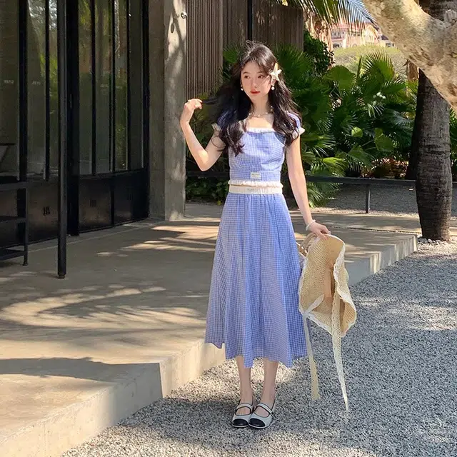 小菊川栗 韩系纯欲慵懒感显瘦织梦拼色格子短袖半裙法式裙装套装 女款 蓝色