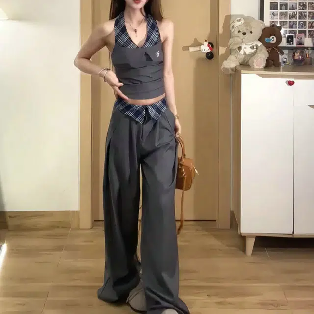 小菊川栗 学院风时尚潮流格子小众拼接挂脖背心通勤阔腿裤休闲套装 女款