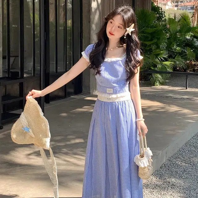 小菊川栗 韩系纯欲慵懒感显瘦织梦拼色格子短袖半裙法式裙装套装 女款 蓝色