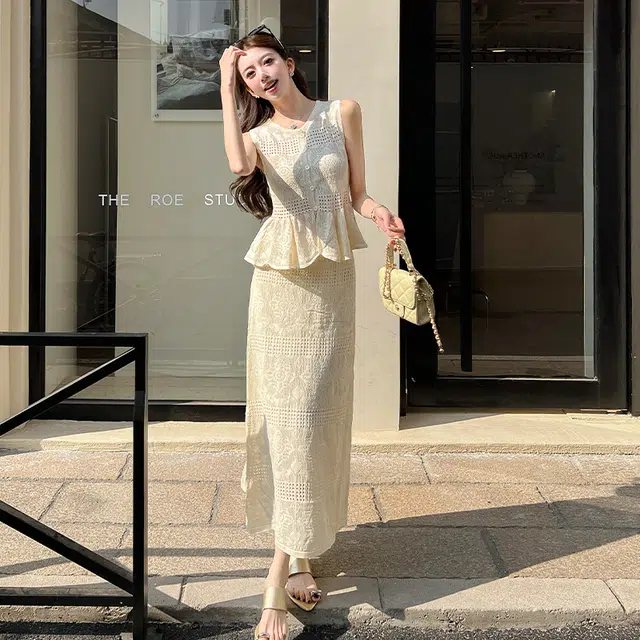 小菊川栗 夏季法式度假风温柔镂空针织背心无袖上衣半身裙女两件套无袖裙装套装 女款