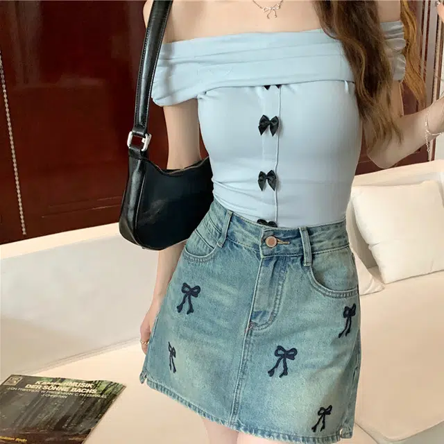 小菊川栗 学院风时尚休闲潮流甜辣穿搭蝴蝶结半身裙百搭牛仔短裙 女款