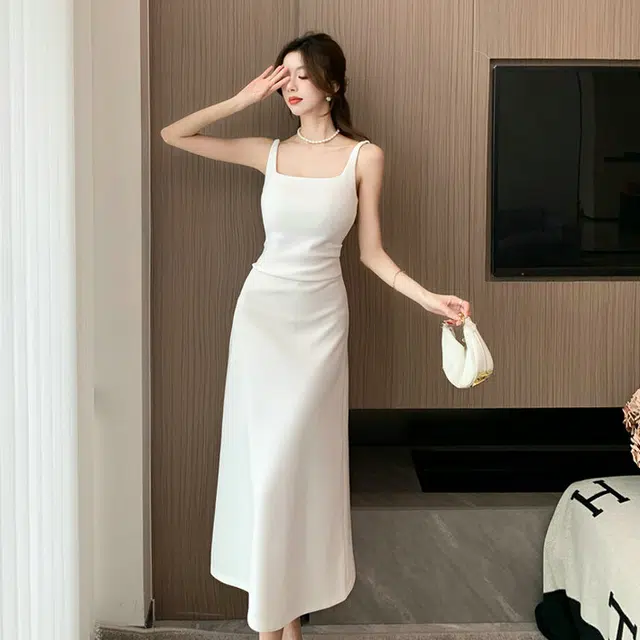 小菊川栗 纯色方领简约长款吊带连衣裙 女款 白色