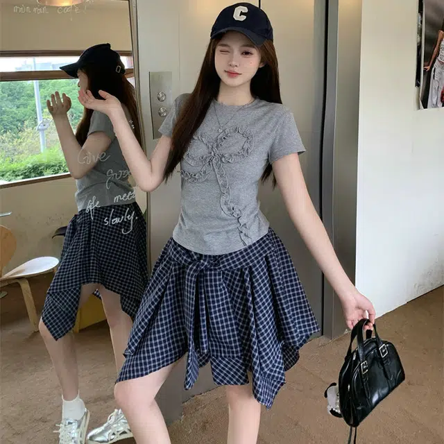 小菊川栗 舒适百搭休闲短袖上衣简约气质优雅半身裙裙装套装 女款