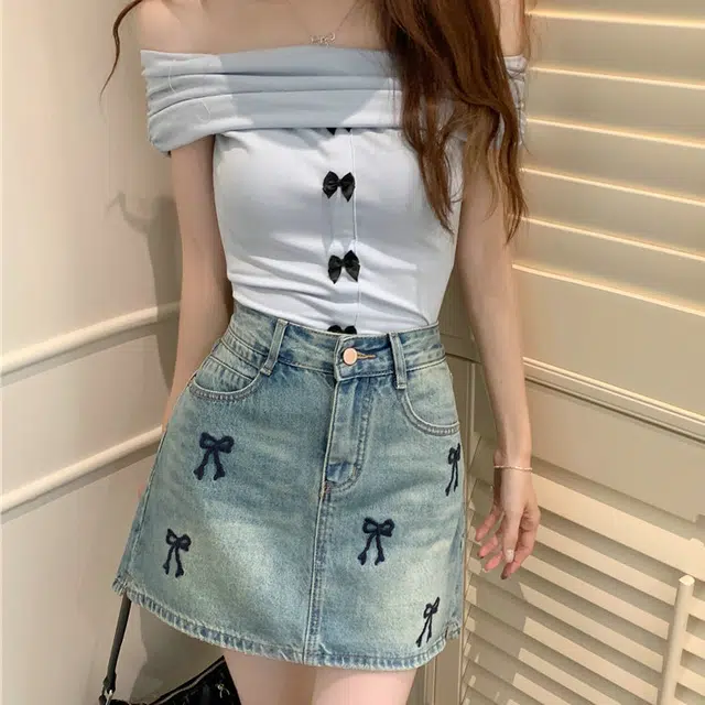 小菊川栗 学院风时尚休闲潮流甜辣穿搭蝴蝶结半身裙百搭牛仔短裙 女款