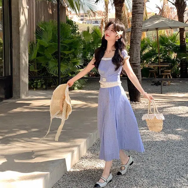 小菊川栗 韩系纯欲慵懒感显瘦织梦拼色格子短袖半裙法式裙装套装 女款 蓝色