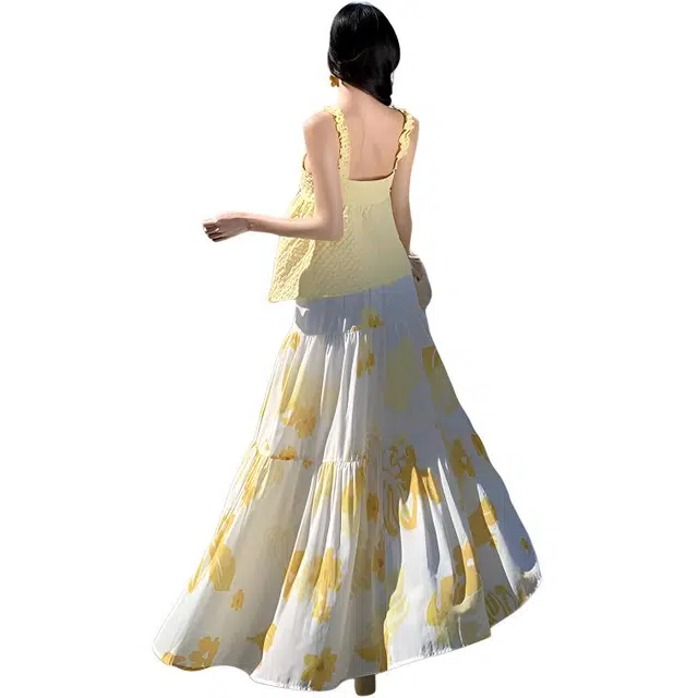 小菊川栗 时尚简约吊带舒适百搭休闲半身裙裙装套装 女款 黄色