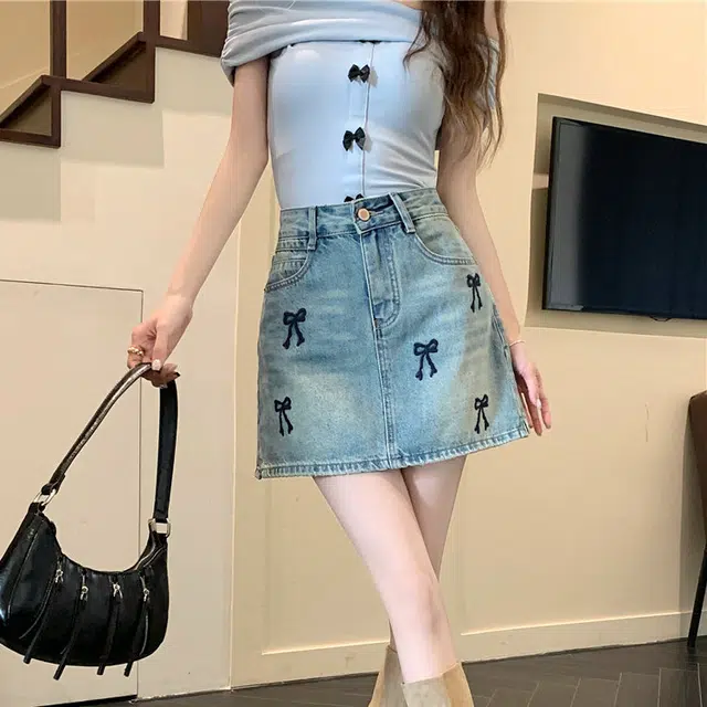 小菊川栗 学院风时尚休闲潮流甜辣穿搭蝴蝶结半身裙百搭牛仔短裙 女款