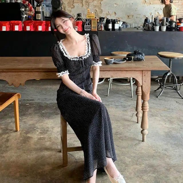 小菊川栗 韩系白塔玫瑰大波点花边别致穿搭舒适百搭短袖连衣裙 女款
