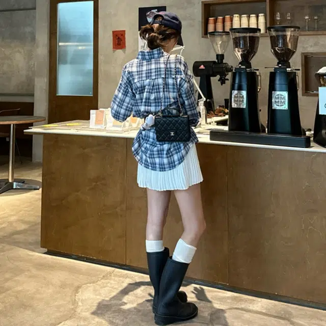 小菊川栗 学院风时尚复古格子宽松长袖上衣高腰百褶裙裙装套装 女款