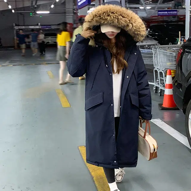 小菊川栗 韩系长款学院风小个子派克服宽松加厚棉衣外套棉服 女款