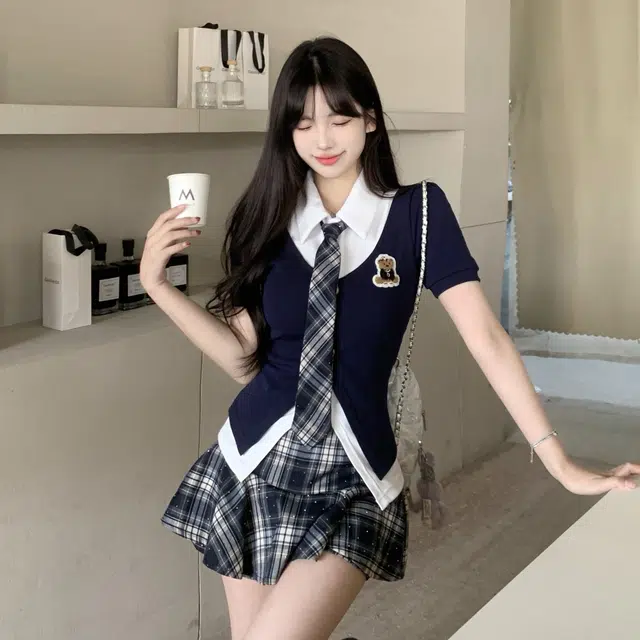 小菊川栗 美式复古学院风时尚显瘦薄荷漫波显瘦假两件上衣格纹短裙裙装套装 女款 藏蓝色