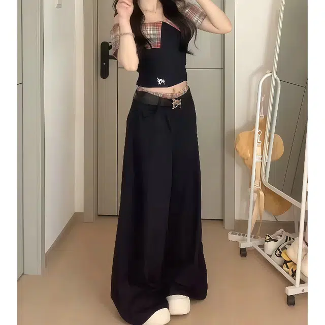 小菊川栗 学院风时尚潮流甜辣穿搭纯欲风辣妹韩系洋气修身显瘦上衣阔腿裤休闲套装 女款