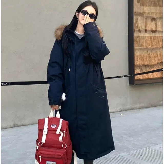 小菊川栗 韩系长款学院风小个子派克服宽松加厚棉衣外套棉服 男女同款