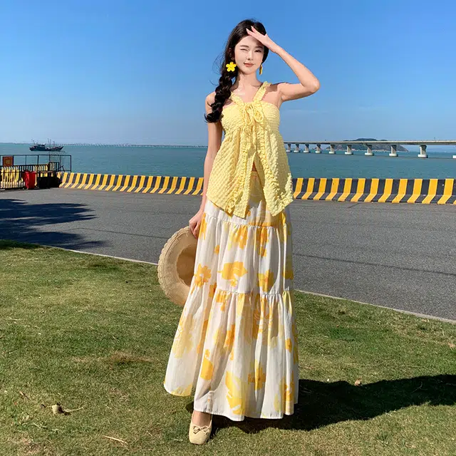 小菊川栗 时尚简约吊带舒适百搭休闲半身裙裙装套装 女款 黄色