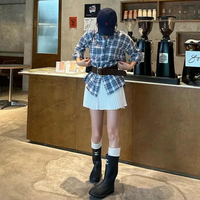 小菊川栗 学院风时尚复古格子宽松长袖上衣高腰百褶裙裙装套装 女款