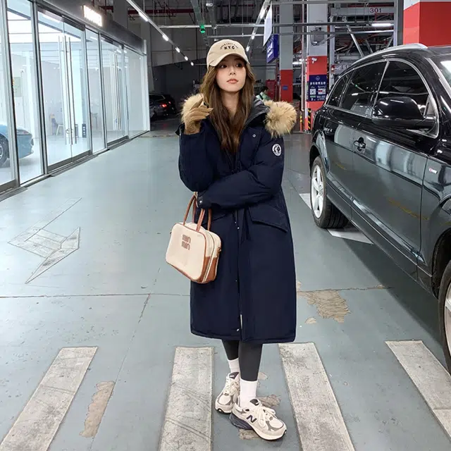 小菊川栗 韩系长款学院风小个子派克服宽松加厚棉衣外套棉服 女款