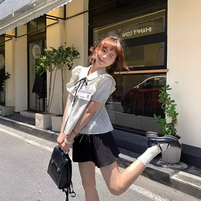 小菊川栗 韩版学院风洋气甜美百搭短袖娃娃领荷叶边蝴蝶结条纹衬衫上衣裙装套装 女款
