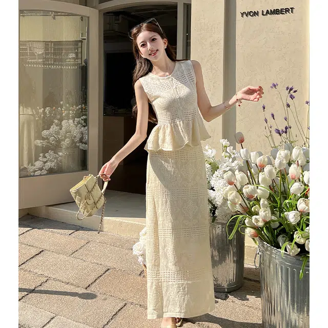 小菊川栗 夏季法式度假风温柔镂空针织背心无袖上衣半身裙女两件套无袖裙装套装 女款