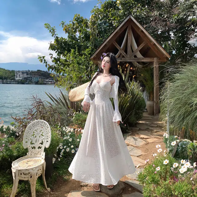 小菊川栗 设计感精致独特开衫长袖裙装套装 女款 白色