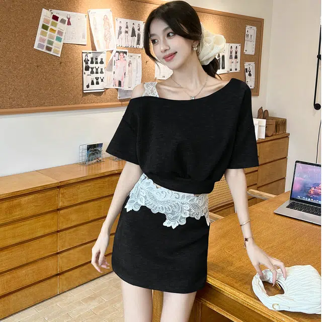 小菊川栗 学院风时尚休闲潮流甜辣穿搭夏季时尚装斜肩蕾丝拼接短款上衣包臀短裙两件套夏女裙装套装 女款
