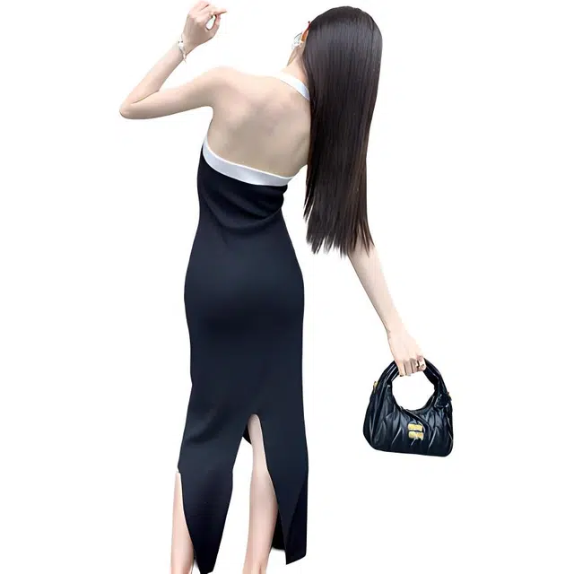 小菊川栗 法式高级感挂脖撞色露背包臀性感纯欲气质修身吊带连衣裙 女款 黑色