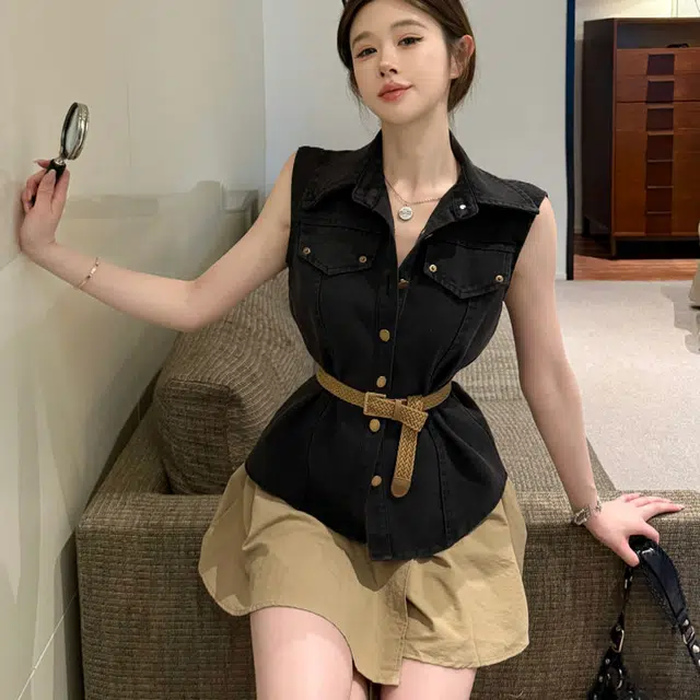 小菊川栗 学院时尚休闲潮流甜辣穿搭牛仔马甲连衣裙时尚装设计感小众洋气减龄收腰短裙裙装套装 女款