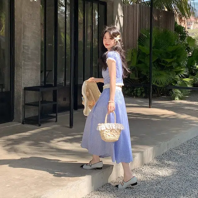 小菊川栗 韩系纯欲慵懒感显瘦织梦拼色格子短袖半裙法式裙装套装 女款 蓝色