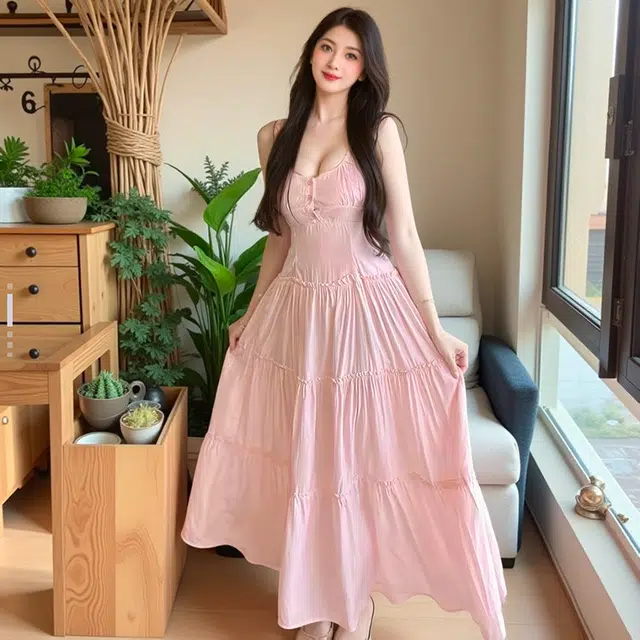 小菊川栗 学院风时尚休闲潮流温柔风法式长裙小众设计海边度假吊带连衣裙 女款 粉红色
