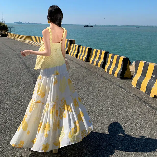 小菊川栗 时尚简约吊带舒适百搭休闲半身裙裙装套装 女款 黄色