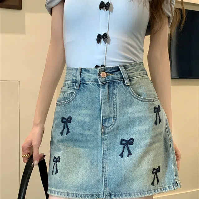 小菊川栗 学院风时尚休闲潮流甜辣穿搭蝴蝶结半身裙百搭牛仔短裙 女款