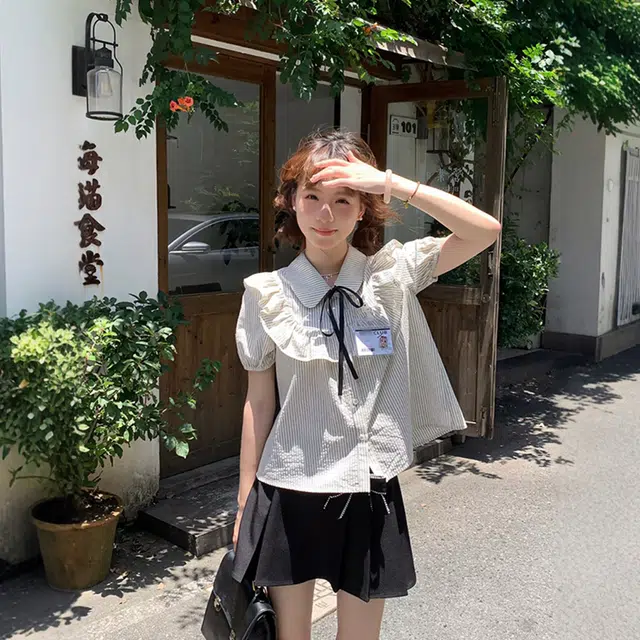 小菊川栗 韩版学院风洋气甜美百搭短袖娃娃领荷叶边蝴蝶结条纹衬衫上衣裙装套装 女款
