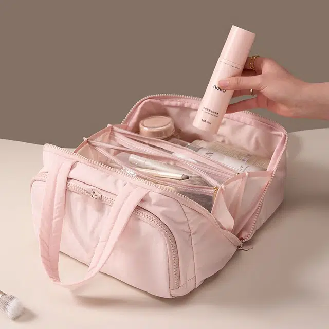 顽顽手提化妆包女便携大容量化妆品收纳包平展旅行化妆包防尘包