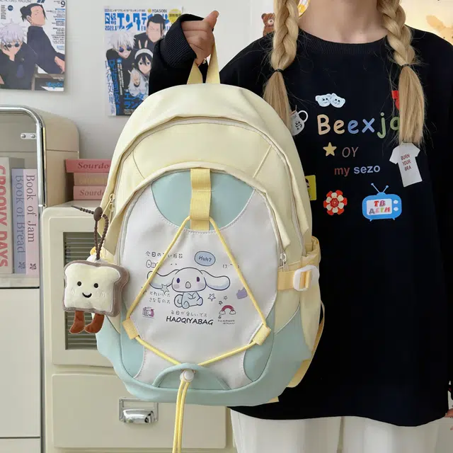 雅鹿 高颜值卡通可爱学院风初高中大学生日系小清新轻便少女书包甜美撞色百搭背包 尼龙 双肩包 常规 女款 黄色/粉色/绿色/蓝色